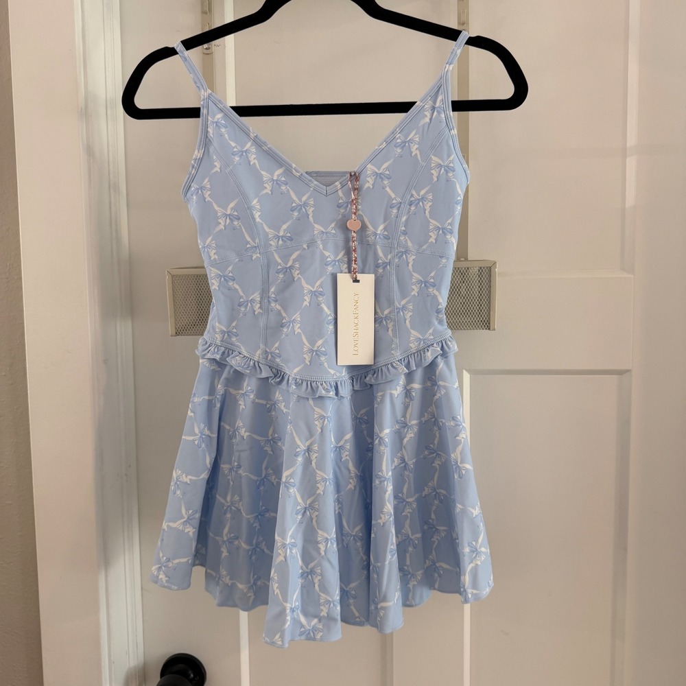 LoveShackFancy Ergo Bow Print Active Dress Blue XS Coquette Activewear Feminine